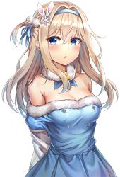 Rule 34 | 1girl, :o, absurdres, bare shoulders, blonde hair, blue dress, blue eyes, blue hairband, blush, breasts, cleavage, collarbone, cowboy shot, detached collar, dress, fur-trimmed dress, fur trim, girls&#039; frontline, hair between eyes, hair ornament, hairband, highres, long hair, looking at viewer, medium breasts, off-shoulder dress, off shoulder, official alternate costume, one side up, sidelocks, simple background, snowflake hair ornament, solo, sunhyun, suomi (girls&#039; frontline), suomi (korvatunturi pixie) (girls&#039; frontline), white background