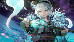 Rule 34 | 1girl, aqua eyes, aqua nails, black shirt, black skirt, character name, childwolf, chinese commentary, clothes writing, cropped jacket, embellished costume, energy, flower, flower request, hair flower, hair ornament, hair ribbon, hand on hilt, highres, holding, holding sheath, jacket, katana, konpaku youmu, konpaku youmu (ghost), light particles, light trail, long sleeves, looking down, mixed-language commentary, nail polish, night, obi, open clothes, open jacket, outdoors, parted lips, petals, pleated skirt, ribbon, sash, scabbard, sheath, shirt, short hair, silver hair, skirt, solo, standing, sword, touhou, unsheathing, upper body, weapon
