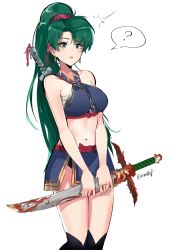 Rule 34 | 1girl, absurdres, asymmetrical bangs, bandages, black thighhighs, blush, breasts, cowboy shot, fire emblem, fire emblem: the blazing blade, fire emblem warriors, green eyes, green hair, halterneck, high ponytail, highres, holding, holding sword, holding weapon, jewelry, large breasts, long hair, looking at viewer, lyn (fire emblem), miniskirt, navel, nintendo, ormille, ponytail, simple background, skirt, solo, standing, stomach, sword, thighhighs, underwear, very long hair, weapon, weapon on back, white background