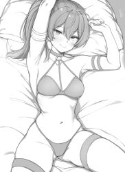 Rule 34 | 1girl, arm up, armlet, armpits, bikini, blush, breasts, choker, closed mouth, greyscale, hair between eyes, hand up, highres, kimoshi, medium breasts, monochrome, navel, o-ring, o-ring choker, pillow, ponytail, presenting armpit, smile, solo, sousou no frieren, stomach, swimsuit, thigh strap, ubel (sousou no frieren)