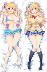 Rule 34 | 1girl, black socks, blonde hair, blue eyes, blush, breasts, cleavage, dakimakura (medium), galko, gyaru, highres, huge breasts, oshiete! galko-chan, panties, pink panties, plaid clothes, plaid skirt, pleated skirt, school uniform, skirt, socks, underwear, v