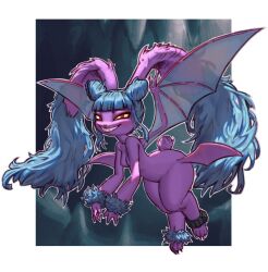 Rule 34 | 1girl, blue hair, colored skin, creatures (company), crobat, flying, furry, furry female, fusion, game freak, gen 2 pokemon, gen 4 pokemon, grin, highres, looking at viewer, lopunny, multiple wings, napalm express, nintendo, pokemon, pokemon infinite fusion, purple skin, red eyes, smile, solo, wings