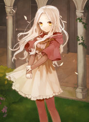 Rule 34 | 1girl, :o, black pantyhose, dress, garden, holding own wrist, hood, hoodie, ivy, long hair, long sleeves, looking at viewer, open mouth, original, pantyhose, parted lips, pillar, red pantyhose, silver hair, sleeves past wrists, solo, soto, white dress, wide sleeves, wind, yellow eyes