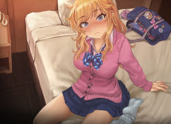 Rule 34 | 1girl, badge, bag, bed, bed frame, blanket, blonde hair, blue bow, blue bowtie, blue eyes, blue sky, blush, bow, bowtie, breasts, cardigan, cleavage, collared shirt, drawer, hamedoragon, idolmaster, idolmaster cinderella girls, indoors, charm (object), long hair, looking at viewer, medium breasts, notebook, ohtsuki yui, on bed, open bag, phone, pillow, pink cardigan, pleated skirt, school bag, school uniform, shirt, sitting, skirt, sky, socks, solo, striped bow, striped bowtie, striped clothes, striped neckwear, uniform, white socks