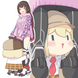 Rule 34 | 2girls, :&gt;, android, blonde hair, blush, brown hair, chibi, closed eyes, commentary, deerstalker, drawstring, gloves, hands on another&#039;s head, hat, highres, hololive, hololive english, long hair, mechanical legs, multiple girls, necktie, roboco-san, roboco-san (hoodie), short hair, smol ame, standing, tataki tuna, virtual youtuber, watson amelia, yuri