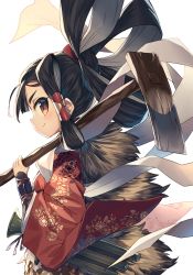 Rule 34 | 1girl, black hair, blush, brown eyes, closed mouth, commentary request, hagoromo, hair rings, highres, hoe, holding, japanese clothes, kimono, over shoulder, profile, red kimono, sakuna-hime, shawl, simple background, smile, solo, tensui no sakuna-hime, thick eyebrows, wagashi928, white background