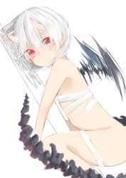 Rule 34 | 1girl, bad id, bad pixiv id, bandages, bandages, bone, dutch angle, flat chest, from side, hanetsuki touka, highres, horns, looking at viewer, lying, naked bandage, nude, on stomach, original, pointy ears, red eyes, silver hair, solo, tail, wings