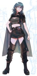 Rule 34 | 1girl, alternate costume, belt, blue eyes, blue hair, boots, breasts, buckle, byleth (female) (fire emblem), byleth (fire emblem), cape, crop top, detached leggings, etteokiii, fire emblem, fire emblem: three houses, full body, high heel boots, high heels, highres, legs, long hair, looking at viewer, medium breasts, midriff, nintendo, short sleeves, shorts, solo, white background