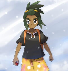 Rule 34 | 1boy, asatsuki (fgfff), backpack, bag, black shirt, clenched hand, closed mouth, commentary request, creatures (company), dark-skinned male, dark skin, day, floral print, frown, game freak, green hair, grey eyes, hau (pokemon), holding, holding poke ball, male focus, nintendo, orange bag, orange shorts, outdoors, poke ball, poke ball (basic), pokemon, pokemon sm, shirt, short ponytail, shorts, snowing, solo, split mouth