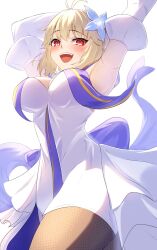 Rule 34 | 1girl, ahoge, antenna hair, archetype earth, arcueid brunestud, bare shoulders, blonde hair, blush, breasts, cleavage, detached sleeves, dress, fate/grand order, fate (series), flower, highres, large breasts, looking at viewer, moon, red eyes, short hair, smile, solo, strapless, strapless dress, umi endu, white dress