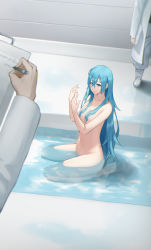 Rule 34 | 1girl, absurdres, bare arms, bare legs, bare shoulders, barefoot, blue eyes, blue hair, breasts, closed mouth, hair censor, hands up, highres, huge filesize, long hair, medium breasts, nude, sitting, solo focus, toxic (toxicv), vivy, vivy: fluorite eye&#039;s song, wariza, wet