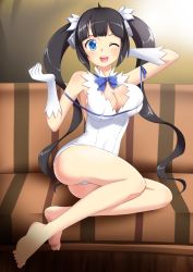 Rule 34 | 10s, 1girl, ;d, absurdres, arm behind head, ass, barefoot, black hair, blue eyes, bow, breasts, cleavage, cleavage cutout, clothing cutout, couch, deep skin, dress, dungeon ni deai wo motomeru no wa machigatteiru darou ka, feet, female focus, gloves, hair ribbon, hestia (danmachi), highres, large breasts, legs, long hair, looking at viewer, one eye closed, open mouth, orcaleon, rei no himo, ribbon, sitting, smile, solo, twintails, very long hair, white dress, white gloves