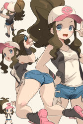 Rule 34 | 1girl, ass, baseball cap, black vest, blue eyes, blush, brown hair, chibi, chorimokki, cowboy shot, creatures (company), curly hair, cutoffs, denim, denim shorts, exposed pocket, from above, from behind, game freak, hand on own hip, hat, high ponytail, hilda (pokemon), holding, long hair, looking at viewer, multiple views, nintendo, on ground, open mouth, pokemon, pokemon bw, pokemon masters ex, ponytail, shirt, short shorts, shorts, sidelocks, simple background, sleeveless, sleeveless shirt, smile, standing, thighs, vest, white shirt, wristband