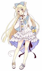 Rule 34 | 1girl, :p, animal, animal ear fluff, animal ears, animal on shoulder, bell, black choker, blonde hair, blue bow, blue eyes, blush, bow, cat ears, cat girl, cat tail, choker, closed mouth, diagonal stripes, dress, frilled sleeves, frills, full body, hair between eyes, hair bow, head tilt, highres, jingle bell, long hair, long sleeves, neck bell, original, rabbit, rabbit on shoulder, sakura oriko, shoes, simple background, smile, solo, standing, striped, striped bow, tail, tongue, tongue out, very long hair, white background, white dress, white footwear, wide sleeves, yellow bow