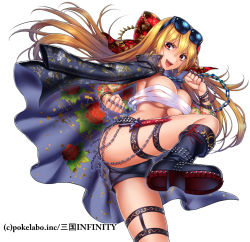 Rule 34 | 1girl, :d, black-framed eyewear, black cape, black footwear, black shorts, blonde hair, boots, breasts, cape, chain, cleavage, earrings, eyewear on head, floating hair, floral print, fuji minako, hair between eyes, jewelry, knife, large breasts, leg up, long hair, looking at viewer, open mouth, print cape, red eyes, rose print, sangoku infinity, sarashi, sheath, sheathed, short shorts, shorts, simple background, smile, solo, sunglasses, thigh strap, very long hair, white background