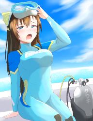 Rule 34 | 1girl, adjusting goggles, aqua eyes, artist name, artist request, blue eyes, blue sky, blush, bodysuit, bow, breasts, brown hair, clothes writing, cloud, day, female focus, goggles, goggles on head, hair between eyes, hair bow, half-closed eyes, highres, long hair, looking at viewer, love live!, love live! nijigasaki high school idol club, medium breasts, ocean, osaka shizuku, outdoors, parted lips, sitting, sky, smile, solo, swimsuit, wet, wet hair, worried, yellow bow