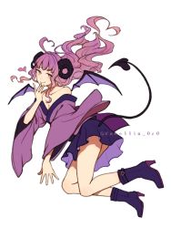 Rule 34 | 1girl, ahoge, akagi shun, bat wings, boots, breasts, cleavage, collarbone, curly hair, demon girl, demon tail, full body, hand to own mouth, heart, horns, long hair, long sleeves, looking to the side, multicolored hair, original, purple eyes, purple footwear, purple hair, purple shirt, purple skirt, sheep horns, shirt, simple background, skirt, smile, solo, tail, twitter username, white background, wings