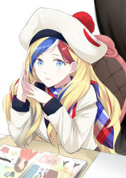 Rule 34 | 10s, 1girl, absurdres, beret, blonde hair, blue hair, commandant teste (kancolle), commentary request, hat, highres, jacket, kantai collection, long hair, long sleeves, looking at viewer, magazine (object), morinaga miki, multicolored hair, open mouth, plaid, plaid scarf, pom pom (clothes), red hair, scarf, sitting, solo, streaked hair, white hair, white jacket