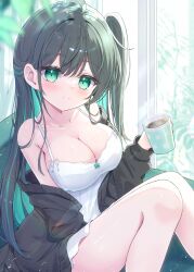 Rule 34 | 1girl, bare shoulders, black hair, black jacket, blush, breasts, cleavage, collarbone, colored inner hair, cup, dress, green eyes, green skirt, highres, holding, holding cup, jacket, large breasts, long hair, looking at viewer, mikaze oto, multicolored hair, off shoulder, original, side ponytail, skirt, sleeveless, smile, solo, white dress