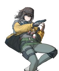 Rule 34 | 1girl, absurdres, baseball cap, belt, black pantyhose, boots, brown hair, cheogtanbyeong, closed mouth, dier (girls&#039; frontline), dima (girls&#039; frontline), genderswap, genderswap (mtf), girls&#039; frontline, gloves, green shirt, green skirt, grey eyes, gun, handgun, hat, highres, holding, holding weapon, jacket, long hair, miniskirt, open clothes, open jacket, panties, pantyhose, pistol, pouch, shirt, shoulder strap, skirt, smoke grenade, solo, tactical clothes, tom clancy&#039;s the division, underwear, walkie-talkie, watch, weapon, yellow jacket