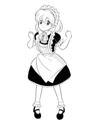 Rule 34 | 1980s (style), 1girl, apron, ascot, bad id, bad twitter id, bobby socks, breasts, clenched hands, closed mouth, commentary request, dress, frilled apron, frilled dress, frills, full body, greyscale, happy, highres, looking at viewer, maid, maid headdress, mary janes, monochrome, oldschool, retro artstyle, ruukoto, shoes, short hair, simple background, small breasts, smile, socks, standing, takemoto izumi (style), touhou, touhou (pc-98), white background, yatyou