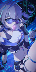 Rule 34 | 1girl, absurdres, black gloves, black jacket, black shorts, breasts, blowing bubbles, doll, drill hair, fingerless gloves, glasses, gloves, grey eyes, grey hair, highres, holographic interface, honkai: star rail, honkai (series), jacket, looking at viewer, midriff, navel, short sleeves, shorts, silver wolf (honkai: star rail), sitting, small breasts, solo, sports bra, stomach, white sports bra, ziluolan jia de mao