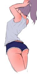 Rule 34 | 1girl, arms up, ass, bare arms, bare legs, breasts, check commentary, commentary, commentary request, cropped legs, curvy, from behind, ikkakufutari, nape, obscured, original, ponytail, purple hair, school uniform, shiny skin, shirt, short shorts, shorts, simple background, sketch, sleeveless, sleeveless shirt, small breasts, sweat, thighs, tying hair, white background