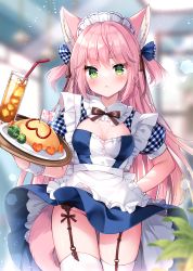 Rule 34 | 1girl, :&lt;, animal ear fluff, animal ears, arm behind back, bendy straw, blue dress, blurry, blurry background, blush, bow, breasts, brown bow, closed mouth, commentary request, cup, depth of field, dress, drink, drinking glass, drinking straw, food, garter belt, gingham, green eyes, groin, heart, highres, holding, holding tray, ice, ice cube, indoors, irori, long hair, medium breasts, omelet, omurice, original, pink hair, plate, puffy short sleeves, puffy sleeves, short sleeves, solo, tail, thighhighs, tray, two side up, v-shaped eyebrows, very long hair, white thighhighs