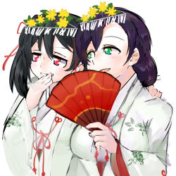 Rule 34 | 10s, 2girls, black hair, breasts, covering own mouth, folding fan, green eyes, grin, hair ribbon, hand fan, hand on another&#039;s shoulder, holding, holding fan, japanese clothes, kimono, love live!, love live! school idol festival, love live! school idol project, multiple girls, muma (meganeltuko), purple hair, red eyes, red ribbon, ribbon, smile, smug, tojo nozomi, upper body, white background, yazawa nico