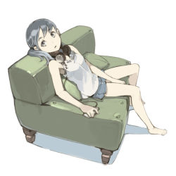 Rule 34 | 1girl, barefoot, couch, grey eyes, headphones, headphones around neck, looking at viewer, original, shorts, side ponytail, silver hair, simple background, sitting, solo, tko (artist), tko (kkk66), white background