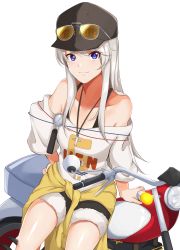 Rule 34 | 1girl, absurdres, alternate costume, azur lane, bare shoulders, baseball cap, breasts, clothes around waist, enterprise (anniversary ride) (azur lane), enterprise (azur lane), eyewear on head, eyewear on headwear, hand on own hip, haneramu, hat, highres, jacket, jacket around waist, jewelry, long hair, looking at viewer, medium breasts, motor vehicle, motorcycle, necklace, off-shoulder shirt, off shoulder, purple eyes, shirt, shorts, silver hair, sitting, smile, solo, sunglasses, sunglasses on head, tinted eyewear, very long hair, white shirt