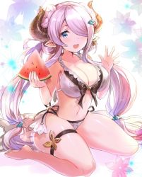 Rule 34 | 10s, 1girl, :d, alternate costume, alternate hairstyle, bad id, bad twitter id, barefoot, bikini, blue eyes, breasts, cleavage, draph, flower, food, fruit, granblue fantasy, hair ornament, hair over one eye, hairclip, hayama eishi, holding, horns, large breasts, long hair, looking at viewer, narmaya (granblue fantasy), narmaya (summer) (granblue fantasy), open mouth, pointy ears, purple hair, sidelocks, sitting, smile, solo, sparkle, swimsuit, thigh strap, thighs, twintails, very long hair, wariza, watermelon, waving, white bikini