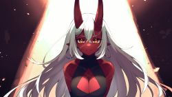 Rule 34 | 1girl, akumi (yoclesh), bare shoulders, breasts, cleavage, closed mouth, colored skin, commentary, earrings, english commentary, facial scar, hair between eyes, highres, hoop earrings, horns, indie virtual youtuber, jewelry, large breasts, light smile, long hair, looking at viewer, pointy ears, red horns, red skin, scar, scar on breasts, scar on cheek, scar on face, solo, upper body, virtual youtuber, white hair, yoclesh