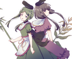 Rule 34 | 2girls, apron, back, bamboo, black bow, black headwear, bow, brown hair, buttons, dress, from behind, green dress, green eyes, green hair, hand up, hat, looking at viewer, multiple girls, nishida satono, open mouth, pink dress, plant, puffy short sleeves, puffy sleeves, purple eyes, short hair, short hair with long locks, short sleeves, simple background, smile, tanabata, teireida mai, tongue, touhou, uranaishi (miraura), white apron, white background, yellow bow