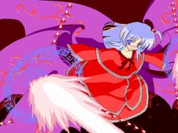 Rule 34 | 1girl, artist request, beam, blue eyes, breasts, cleavage, danmaku, female focus, hair bobbles, hair ornament, magic circle, multiple wings, pixelated, shinki (touhou), side ponytail, silver hair, solo, touhou, touhou (pc-98), wings