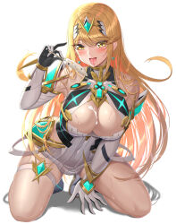 Rule 34 | 1girl, bare shoulders, blonde hair, blush, breasts, commentary request, earrings, elbow gloves, food, full body, gloves, hair ornament, highres, holding, holding food, holding popsicle, jewelry, kneeling, large breasts, long hair, looking at viewer, mythra (xenoblade), nemunemu semi, open mouth, popsicle, simple background, skindentation, smile, thigh strap, thighs, tongue, tongue out, white background, white gloves, xenoblade chronicles (series), xenoblade chronicles 2, yellow eyes