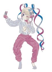 Rule 34 | 1110swc, 1girl, blue bow, blue eyes, blue hair, blush, bow, cellphone, chouzetsusaikawa tenshi-chan, full body, grey hair, hair bow, hair ornament, heart, heart hair ornament, holding, holding phone, long hair, long sleeves, multicolored hair, multiple hair bows, muted color, needy girl overdose, one eye closed, pants, phone, pink bow, pink hair, pink pants, quad tails, sailor collar, selfie, simple background, smartphone, sock pull, socks, solo, tiptoes, track pants, v, very long hair, white background, white socks, yellow bow