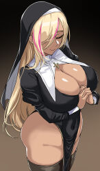 Rule 34 | 1girl, black thighhighs, blonde hair, breasts, cleavage, closed eyes, closed mouth, commentary, covered navel, english commentary, gradient background, hella p, highres, large breasts, long hair, long sleeves, nun, original, own hands together, pelvic curtain, pink hair, simple background, smile, solo, thighhighs, thighs