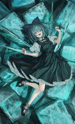 Rule 34 | 1girl, absurdres, aqua hair, black footwear, blue bow, bobby socks, bow, cirno, collared shirt, dress, full body, green dress, hair bow, hands up, highres, ice, ice cube, ice wings, lm7 (op-center), looking at viewer, mary janes, medium hair, neck ribbon, open mouth, puffy short sleeves, puffy sleeves, purple ribbon, ribbon, shirt, shoes, short sleeves, socks, solo, teeth, touhou, white shirt, white socks, wings