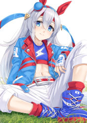 Rule 34 | 1girl, animal ears, blue eyes, blue footwear, blue jacket, blue shirt, blush, boots, closed mouth, collarbone, commentary request, crop top, fingerless gloves, full body, gloves, grass, grey hair, hair between eyes, horse ears, jacket, knee up, long hair, long sleeves, looking at viewer, midriff, miri (ago550421), navel, open clothes, open jacket, pants, partial commentary, shadow, shirt, sidelocks, simple background, sitting, smile, solo, tamamo cross (umamusume), umamusume, very long hair, white background, white gloves, white pants