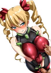 Rule 34 | 10s, 1boy, 1girl, ayuayu (shouyu no sato), blonde hair, blue eyes, blush, bodysuit, breasts, claire harvey, covered erect nipples, drill hair, hair ornament, handjob, hetero, highres, hundred (light novel), impossible clothes, large breasts, leotard, long hair, nipple stimulation, nipple tweak, penis, simple background, skin tight, solo focus, thigh gap, twin drills, veins, veiny penis, white background