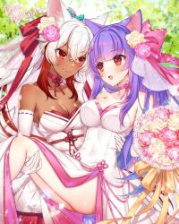 Rule 34 | 2girls, :d, animal ears, bare shoulders, blush, bouquet, breasts, carrying, cat ears, cat tail, cleavage, collarbone, commission, commissioner name, covered navel, dark skin, dress, elbow gloves, fang, flower, gloves, grey hair, hair flower, hair ornament, hair ribbon, holding, holding bouquet, large breasts, multiple girls, munlu (wolupus), open mouth, original, pink flower, pink ribbon, pink rose, princess carry, purple hair, red eyes, red ribbon, ribbon, rose, skeb commission, smile, tail, wedding dress, white dress, white gloves, yellow flower, yellow rose