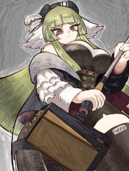 Rule 34 | 1girl, arknights, bare shoulders, black headwear, black romper, black thighhighs, blunt bangs, breasts, feather hair, feathers, green hair, grey background, hammer, hat feather, highres, holding, holding hammer, holding weapon, jacket, jacket partially removed, long hair, looking at viewer, medium breasts, poncirus (arknights), purple eyes, sidelocks, sledgehammer, sleeveless, solo, thiccborb, thighhighs, weapon, white feathers