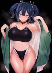 Rule 34 | 1girl, absurdres, bare shoulders, bikini, bikini under clothes, black background, black bikini, blue eyes, blue hair, blush, breasts, cleavage, closed mouth, collar, collarbone, commentary request, cowboy shot, green kimono, groin, hair between eyes, hair ribbon, halterneck, heart lock (kantai collection), highleg, highleg bikini, highres, japanese clothes, kantai collection, kimono, large breasts, looking at viewer, navel, off shoulder, open clothes, ribbon, simple background, solo, souryuu (kancolle), sports bikini, standing, swimsuit, swimsuit under clothes, thigh gap, thighs, twintails, ulrich (tagaragakuin), undressing, white background, white ribbon