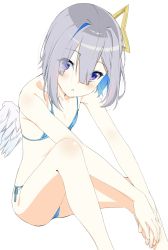 Rule 34 | 1girl, amane kanata, angel, angel wings, bare shoulders, bikini, blue hair, collarbone, colored inner hair, eyes visible through hair, flat chest, grey hair, hair between eyes, happycalpis, highres, hololive, looking at viewer, multicolored hair, parted lips, purple eyes, short hair, simple background, sitting, solo, swimsuit, virtual youtuber, white background, wings