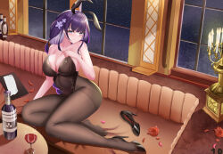 Rule 34 | 1girl, animal ears, arm support, bare arms, bare shoulders, black footwear, black leotard, black pantyhose, bottle, braid, breasts, candle, candlestand, cleavage, cup, drinking glass, fake animal ears, feet, flower, full body, genshin impact, high heels, highleg, highleg leotard, indoors, large breasts, legs, leotard, long hair, looking at viewer, low-braided long hair, low-tied long hair, mitsudomoe (shape), nanoda002 (saber427), no shoes, pantyhose, petals, playboy bunny, pout, purple eyes, purple hair, rabbit ears, raiden shogun, red flower, red rose, red wine, rose, rose petals, see-through, see-through legwear, shoes, sidelocks, single braid, single shoe, sitting, solo, strapless, strapless leotard, table, thighs, tomoe (symbol), window, wine bottle, wine glass