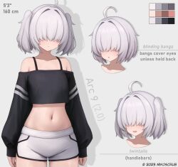 Rule 34 | 1girl, ahoge, arc 9 (mikoscrub), bare shoulders, character sheet, closed mouth, collarbone, commentary, covered eyes, crop top, english commentary, english text, grey background, grey hair, hair over eyes, highres, midriff, mikoscrub, navel, open mouth, original, short hair, shorts, sleeves past wrists, smile, twintails, white shorts