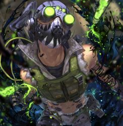 Rule 34 | 1boy, abs, absurdres, apex legends, arm strap, arm tattoo, black headwear, black shirt, blurry, blurry background, cable, commentary, cropped vest, english commentary, glowing, goggles, green vest, grey shorts, head tilt, highres, kawaniwa, liquid, looking at viewer, male focus, mask, mole, mole on neck, mouth mask, navel, octane (apex legends), portrait, realistic, shirt, shorts, solo, tattoo, vest, vial, weapon, weapon on back