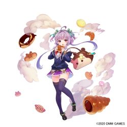 Rule 34 | 1girl, 2020, bag, black footwear, black thighhighs, bow, bread, chocolate cornet, commentary request, croissant, dmm, doughnut, eating, food, food on face, footwear bow, full body, gemini seed, hair ribbon, highres, long sleeves, looking at viewer, melon bread, official art, open mouth, piyoyanagi, purple hair, purple skirt, red eyes, ribbon, short hair with long locks, shoulder bag, simple background, skirt, solo, tachi-e, thighhighs, white background, zettai ryouiki