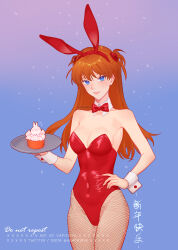 Rule 34 | 1girl, adapted costume, armpits, bare shoulders, blue eyes, breasts, cake, cleavage, covered navel, cowboy shot, curvy, fingernails, food, gloves, hair between eyes, hand on own hip, highleg, highleg leotard, highres, holding, holding food, holding tray, leotard, lips, long hair, looking at viewer, medium breasts, necktie, neon genesis evangelion, orange hair, pantyhose, parted lips, playboy bunny, plugsuit, rabbit ears, red leotard, saphirya, shiny clothes, shiny skin, simple background, solo, souryuu asuka langley, thighs, tray, two side up, wide hips